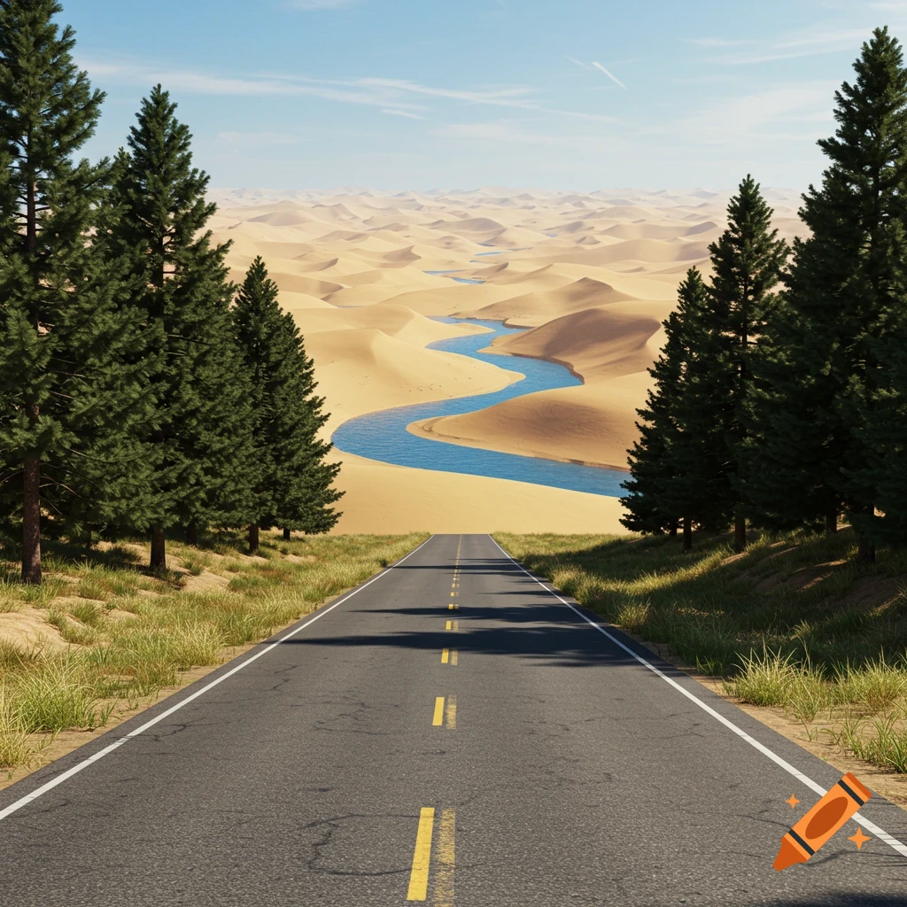 Realistic landscape with a paved road flanked by pine trees leading to a desert with a winding river under a clear sky.