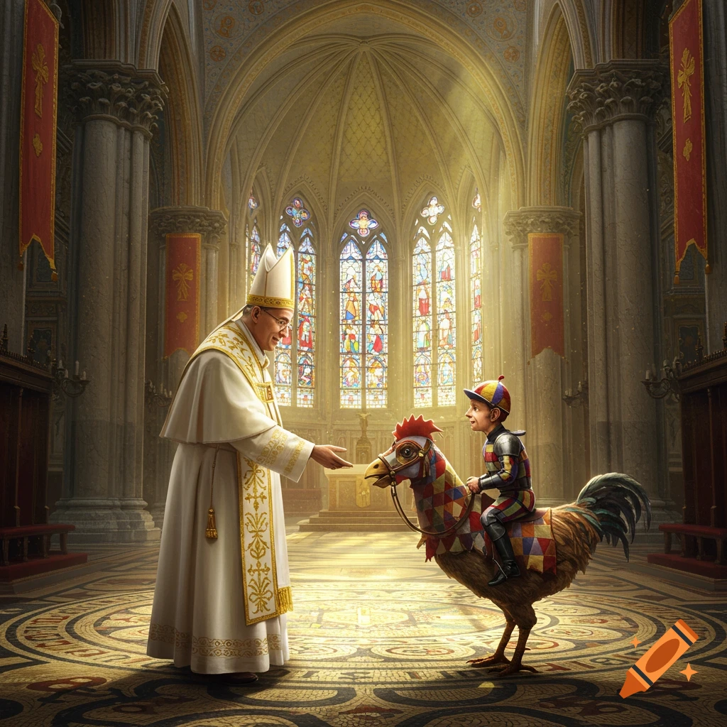 A pope in white robes greets a child riding a brightly patterned chicken inside a grand, sunlit church with stained glass windows.