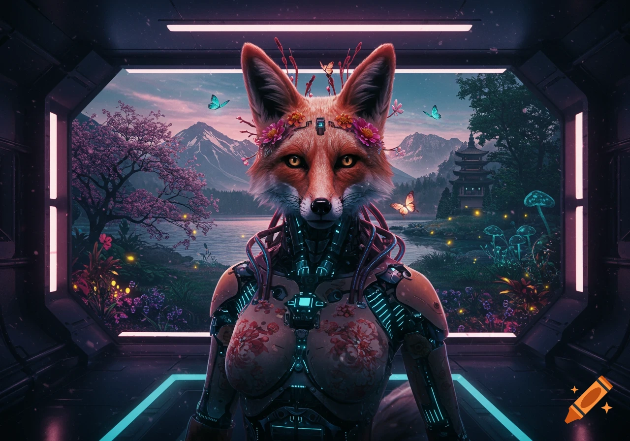 A futuristic cyborg fox goddess with flowers on its head stands inside a spaceship, looking out at a fantastical landscape with cherry trees, mountains, a lake, and glowing mushrooms.