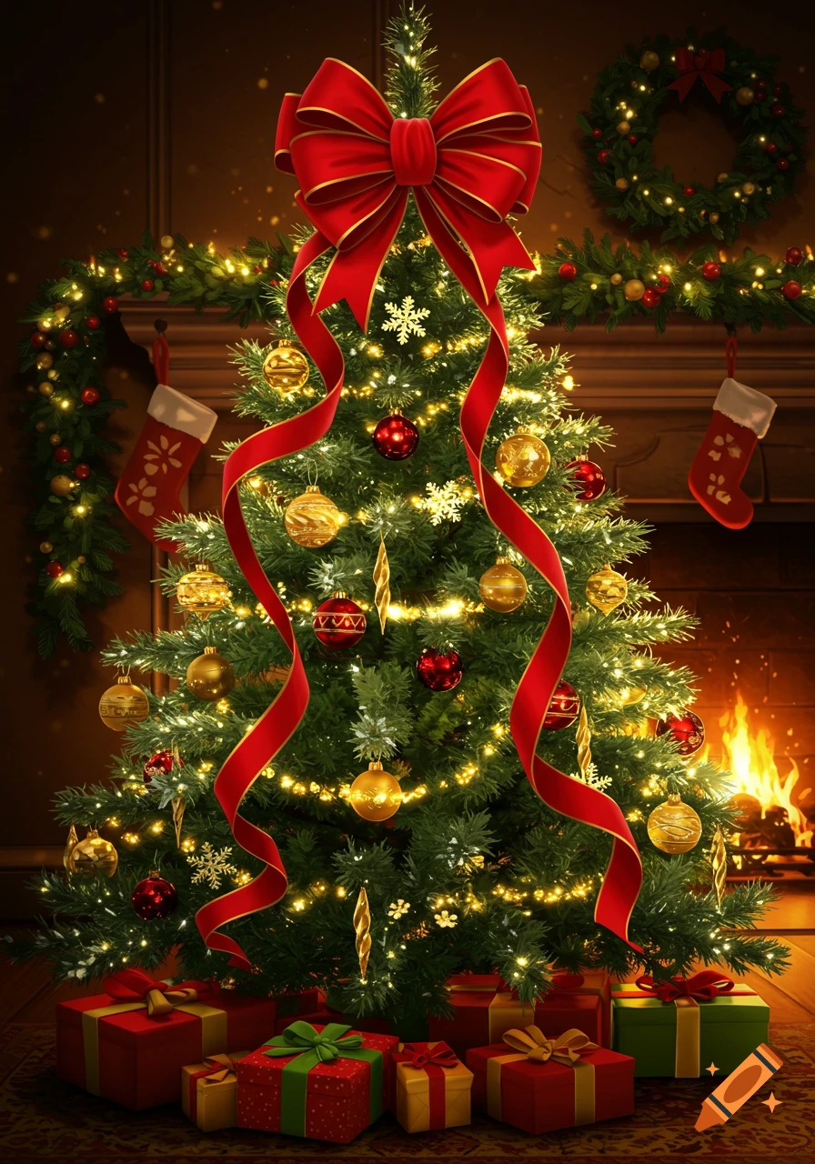 A festive Christmas tree adorned with a large red bow, ornaments, and lights, surrounded by gifts, in front of a fireplace.
