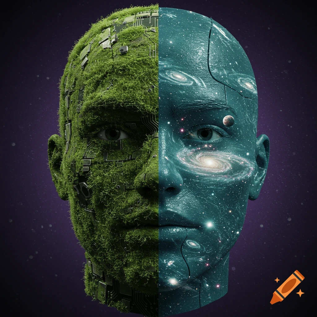 A surreal split portrait: one side covered in green moss and circuits, the other depicting a cosmic scene with galaxies.
