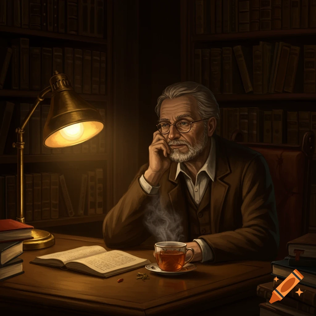 An older man with a beard and glasses sits at a wooden desk in a dimly lit library, looking pensive. A lamp illuminates an open book and a steaming cup of tea.