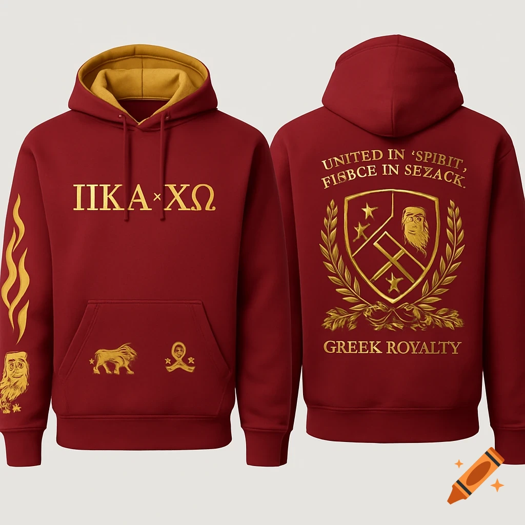 A front and back view of a red hoodie with gold designs, featuring Greek letters, a flame, lion, skull and crossbones, and a crest.