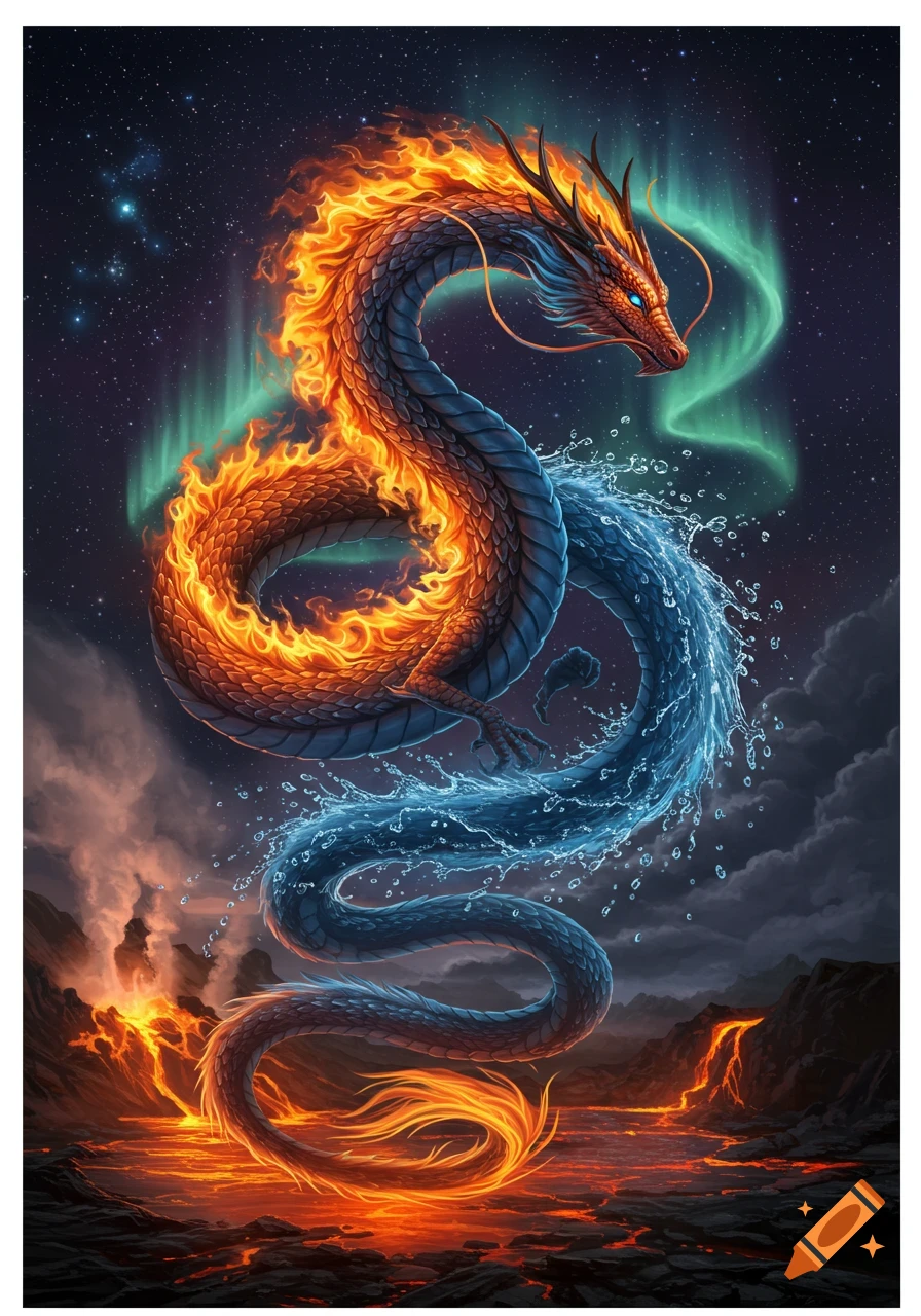 A majestic dragon, half fire and half water, intertwines against a starry sky with aurora and a volcanic landscape.