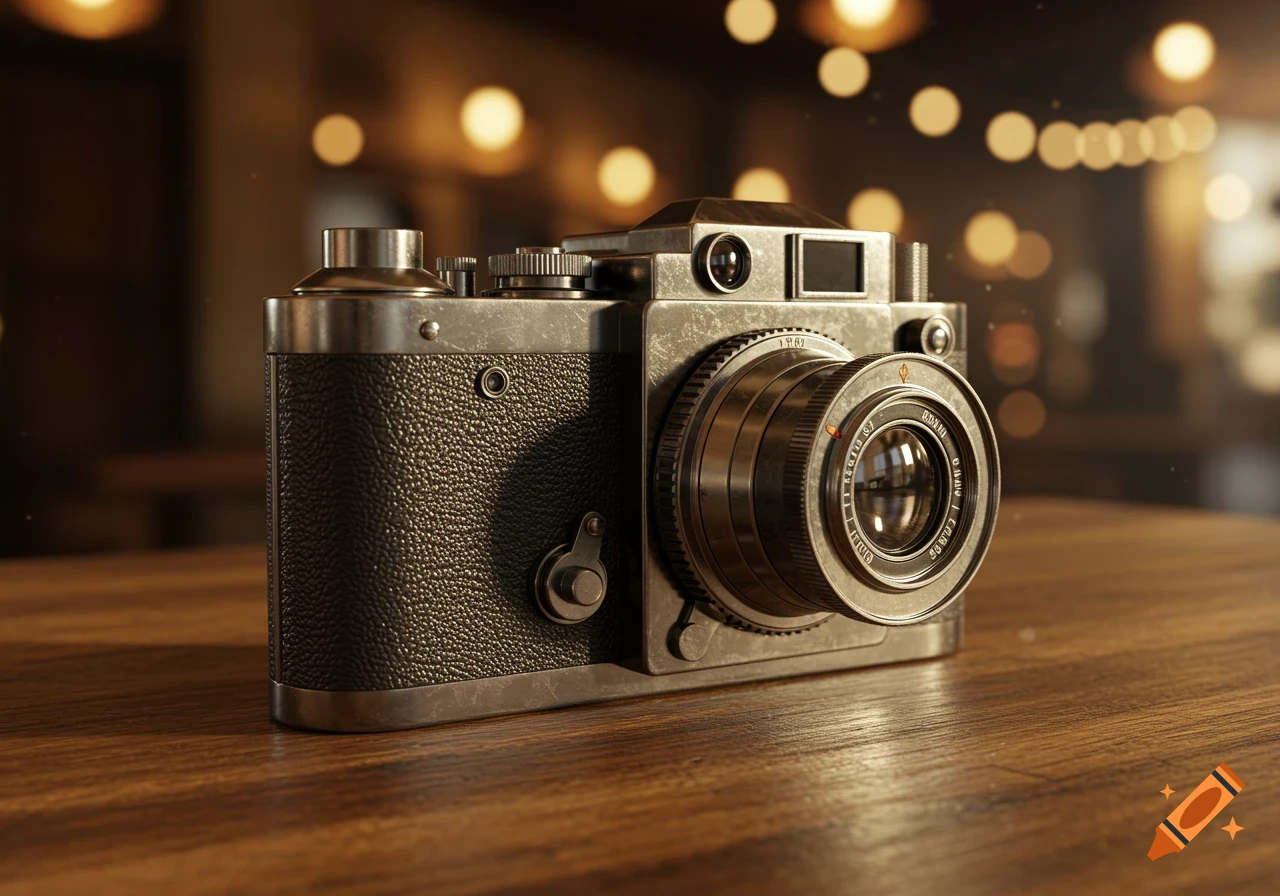 Photorealistic close-up of a vintage camera on a wooden table with blurred background lights.