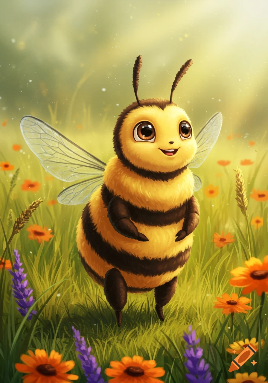 A cute, anthropomorphic bumblebee stands smiling in a field of colorful flowers, rendered in a cheerful cartoon illustration style.