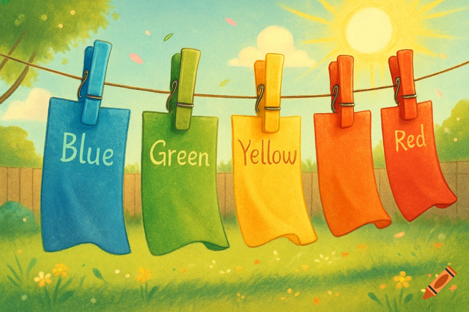 Colorful illustrated sheets, labeled Blue, Green, Yellow, Orange, and Red, hang on a clothesline in a sunny backyard.