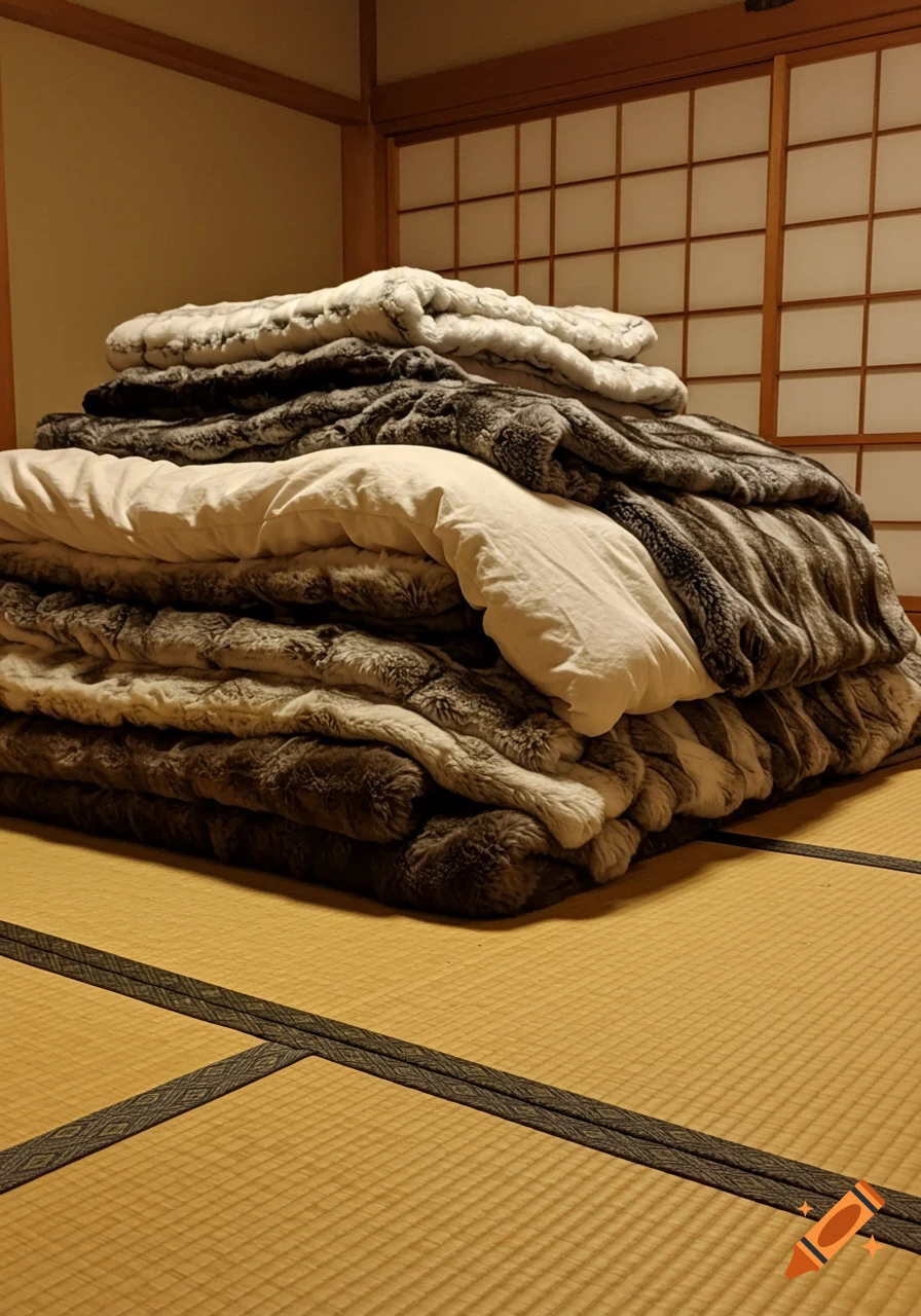 A tall stack of folded white, gray, and brown faux fur blankets on a yellow tatami mat floor in a room with a shoji screen.