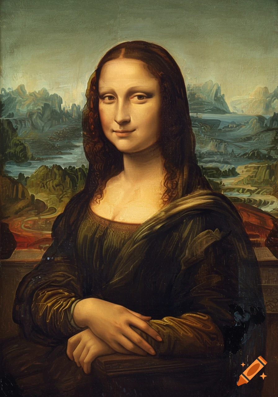 A classical portrait painting of the Mona Lisa, depicting a woman with a slight smile against a detailed landscape.