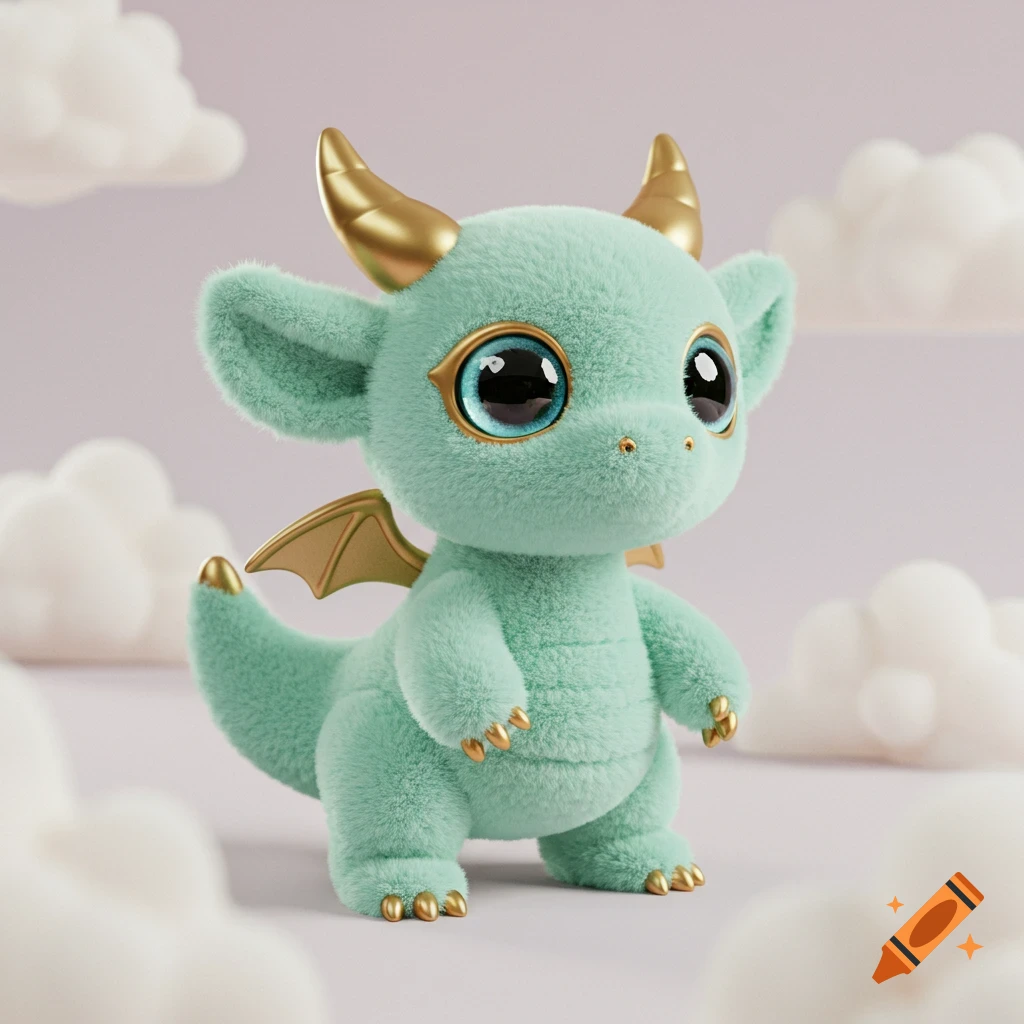 A cute, mint green flocked 3D model of a dragon with large sparkling eyes, chrome gold horns, and gold claws, standing amidst soft white clouds.