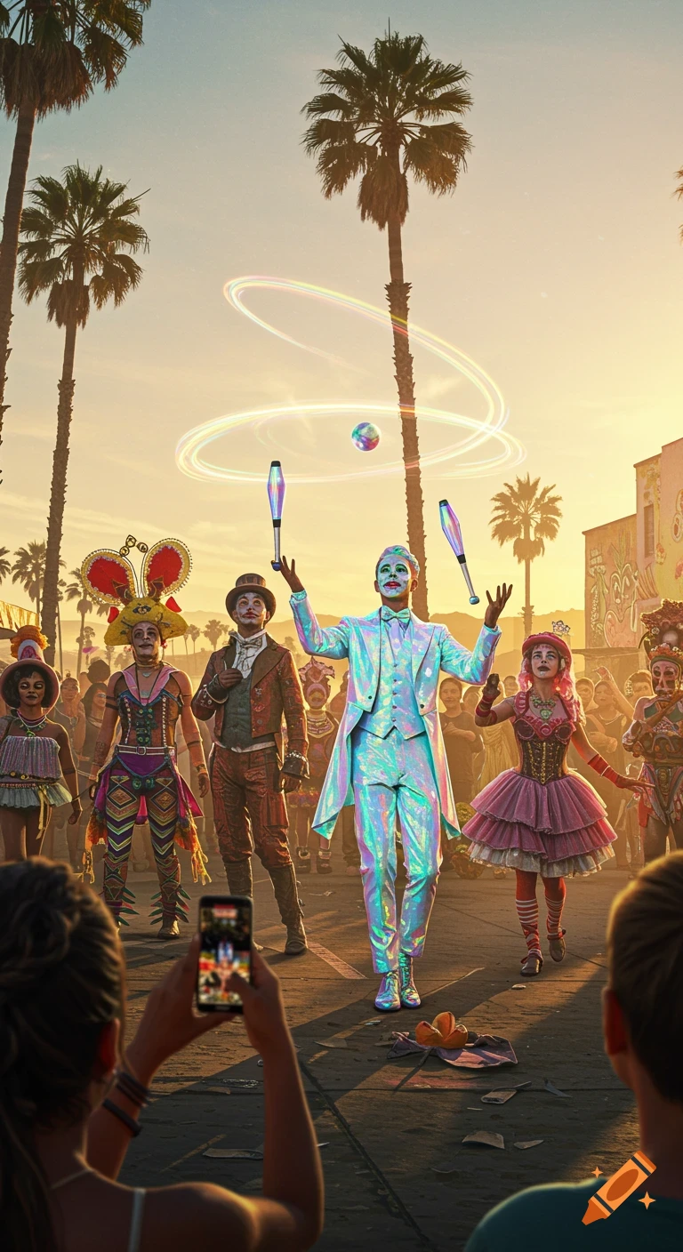 A performer in a shimmering suit juggles glowing clubs and a ball, surrounded by costumed performers and spectators on a street at sunset.