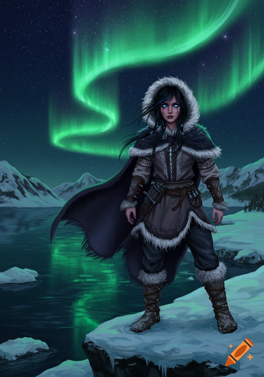 A dark-haired woman with glowing blue eyes, wearing a fur-trimmed hooded coat, stands on a snowy rock in an arctic landscape under the aurora borealis.