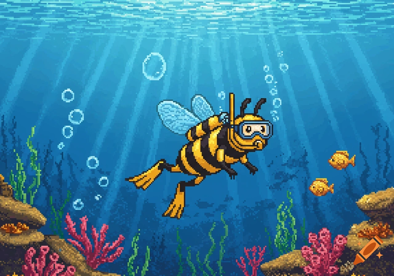 A pixelated bee wearing scuba gear dives underwater with fish and coral.
