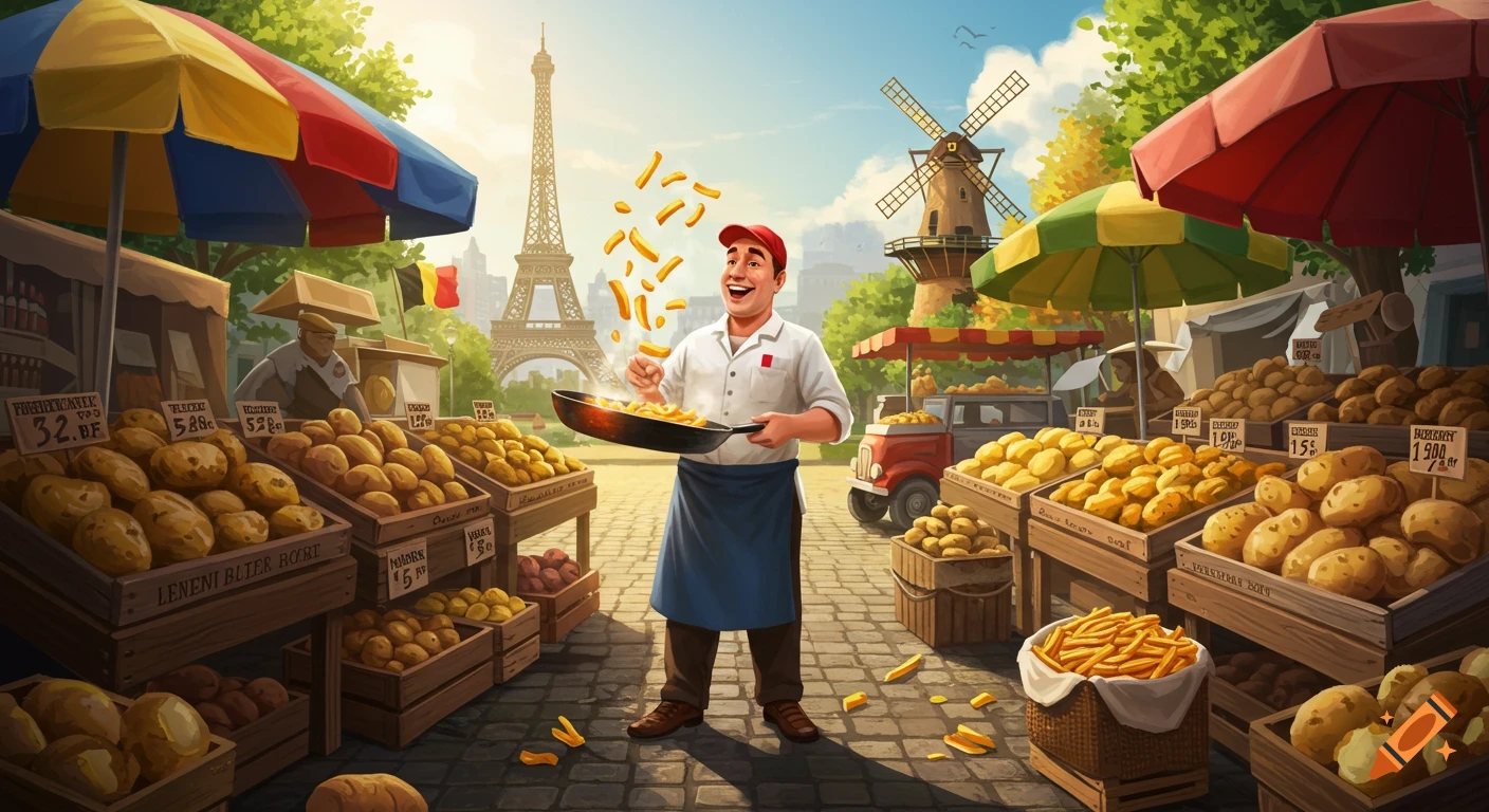 A happy man tosses French fries in a pan at a vibrant potato market, with the Eiffel Tower and a windmill in the background, in an illustrated style.