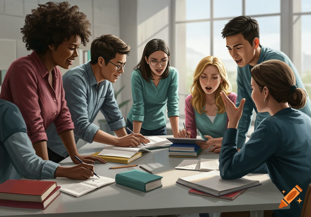 A diverse group of college students in a classroom setting, gathered around a table and engaged in a lively discussion.