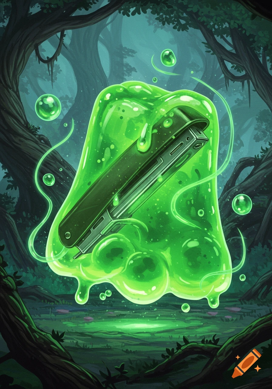 A dark green stapler suspended in a glowing, dripping green slime blob, set in a mystical forest with floating green bubbles.