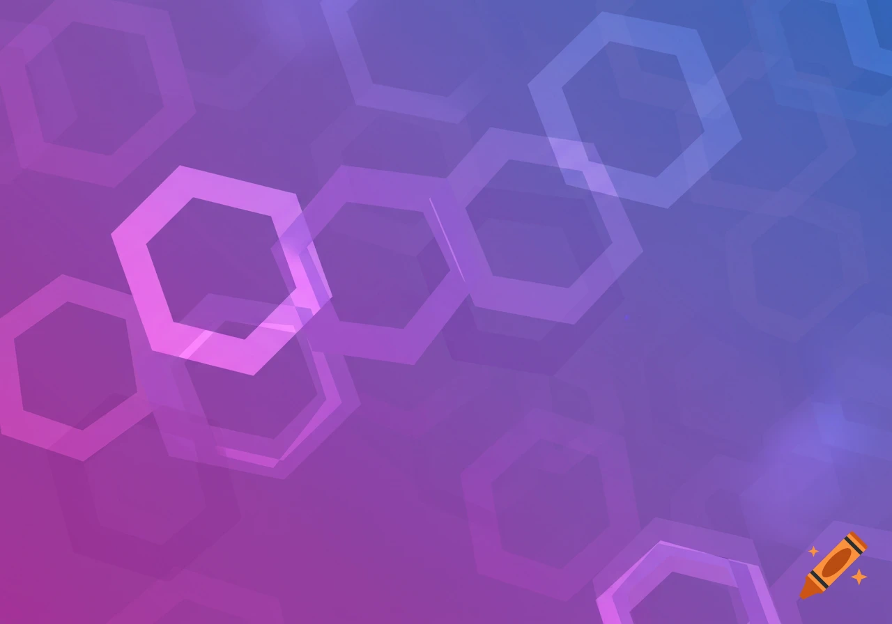 An abstract background with transparent hexagons floating on a purple and blue gradient.