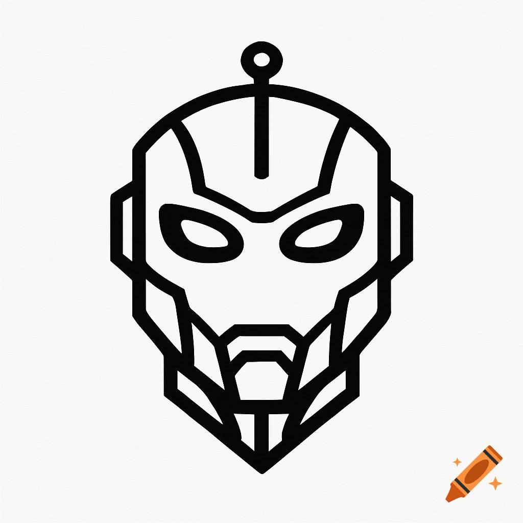 A black and white minimalist line art logo of a robot's face with large eyes and angular features.