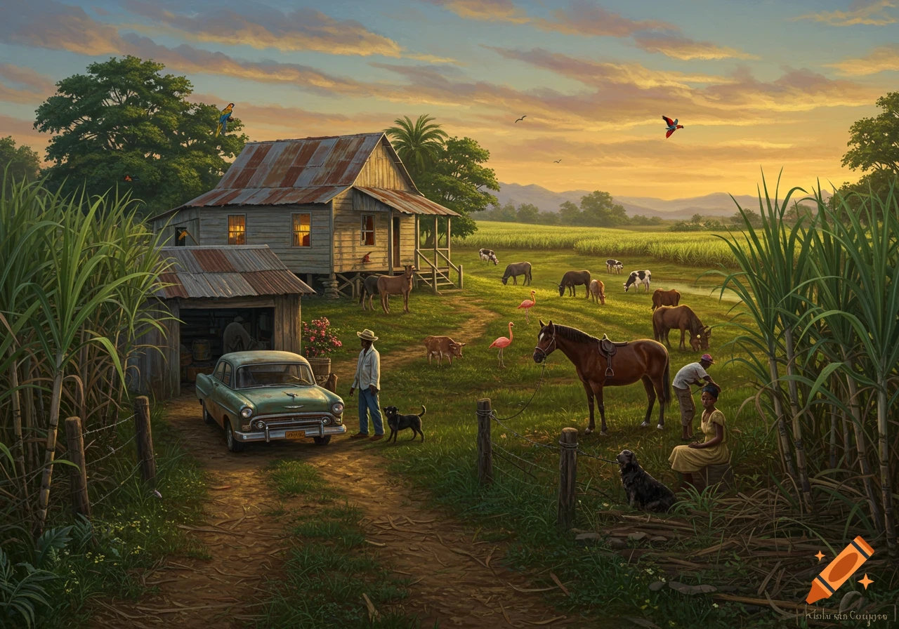 A hyper-realistic oil painting of a Haitian countryside scene at dusk, with an old house, sugarcane fields, grazing animals, and people.