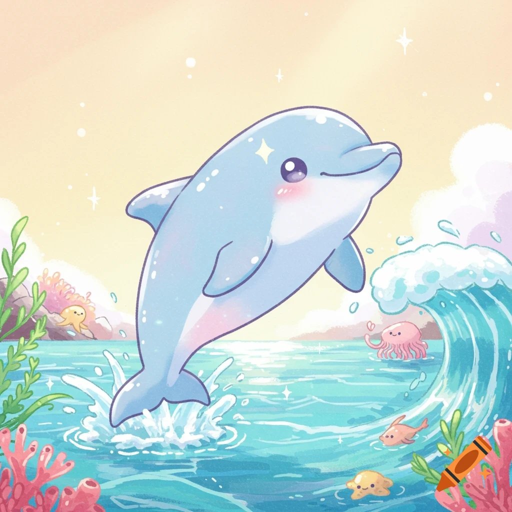A cute, light blue chibi dolphin jumps out of clear blue ocean water, splashing, with colorful coral and small cartoon sea creatures in the foreground.