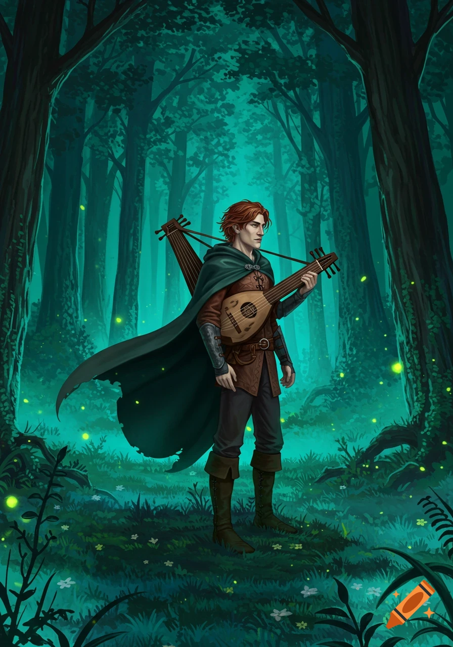 A red-haired man with a lute, wearing a cloak and medieval attire, stands in an enchanting green forest with glowing fireflies.