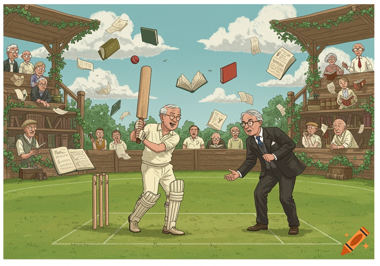 Cartoon illustration of an outdoor cricket match between elderly men, with books and papers flying in the air.