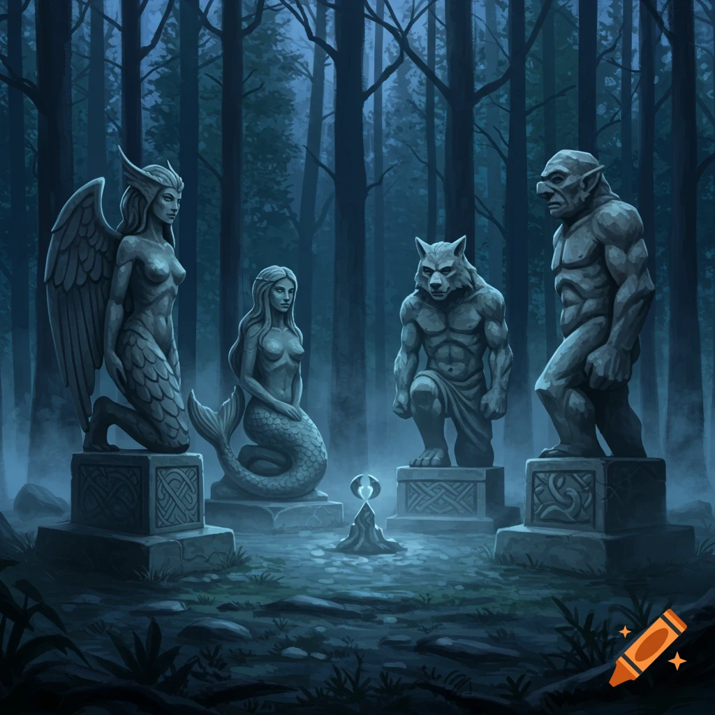 Four stone statues, depicting a winged figure, a mermaid, a werewolf, and a troll, stand in a dark, misty forest.