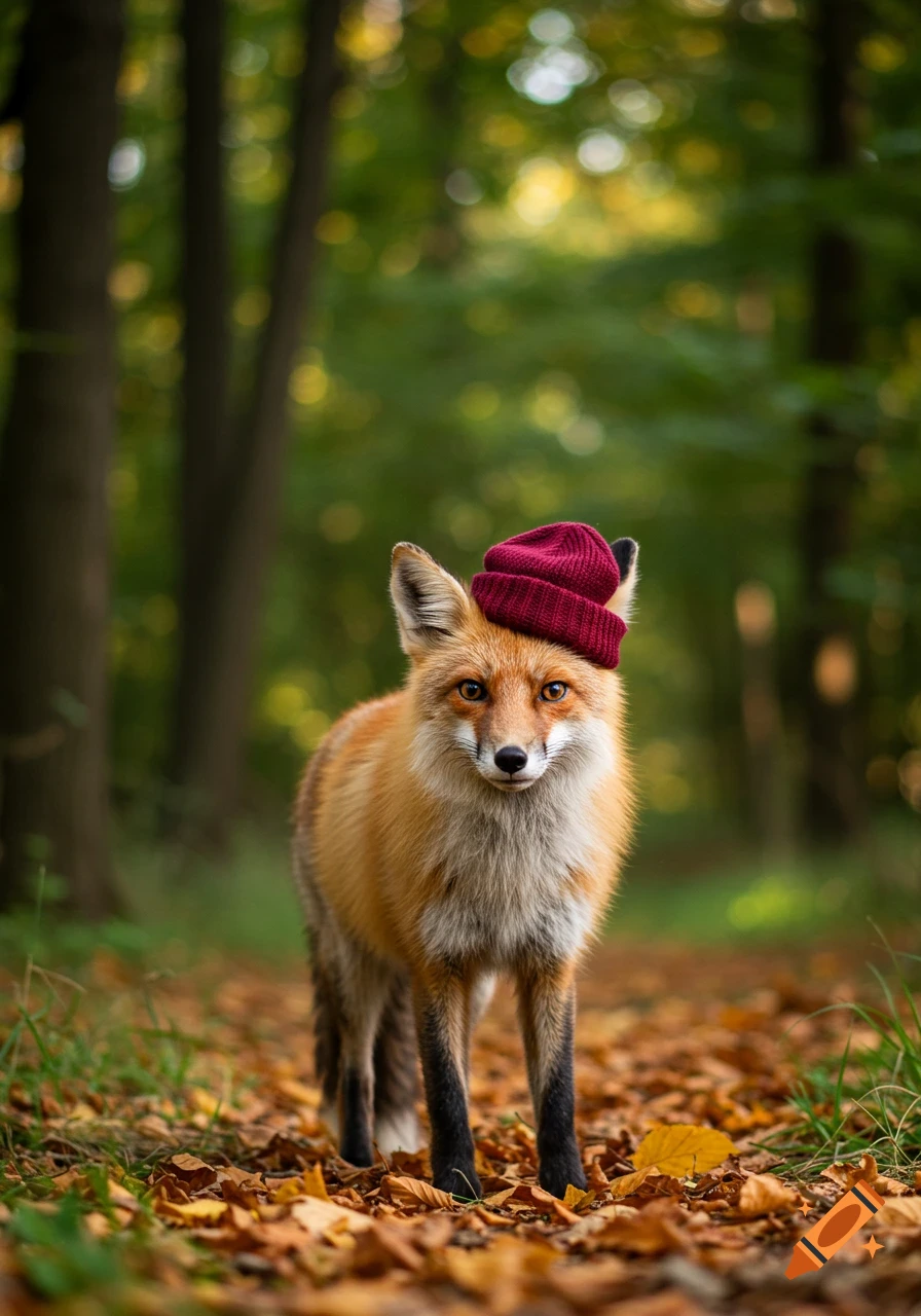A photorealistic image of a fox wearing a red beanie, standing on a bed of autumn leaves in a forest.