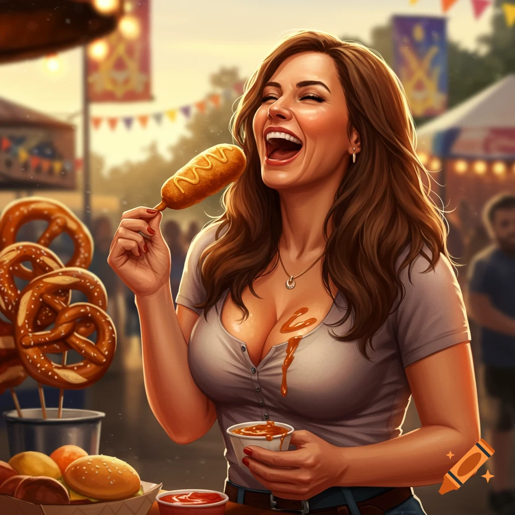 A smiling woman in a grey shirt with sauce spilled on her chest eats a corn dog at an outdoor fair.