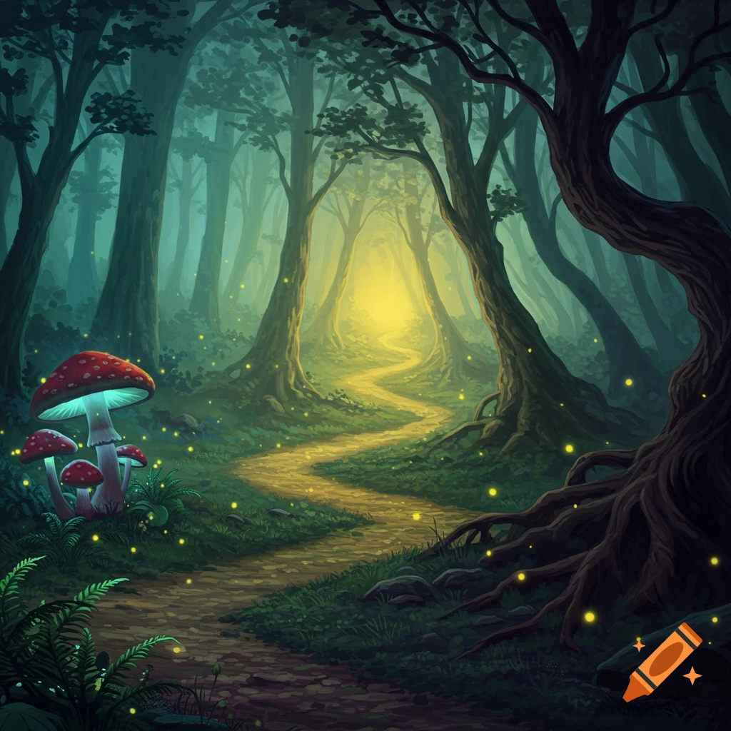 A whimsical, glowing forest path winds through dark trees towards a bright light, with luminous red mushrooms and fireflies in the foreground.
