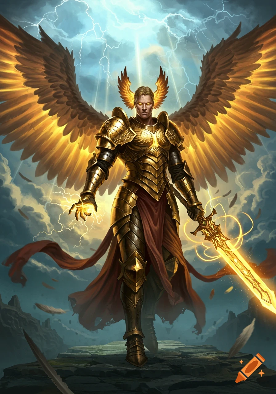 An angelic warrior in shining golden armor with large wings and a glowing sword stands amidst a stormy, lightning-filled sky.