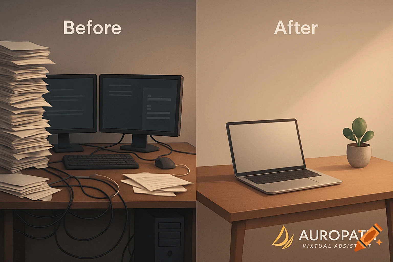 A split image showing a messy desk with papers and wires on the left, labeled 'Before', and a clean, minimalist desk with a laptop and plant on the right, labeled 'After'.