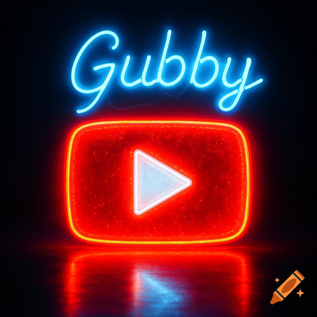 A neon blue 'Gubby' sign above a glowing red YouTube logo with a white play button, reflected on a dark surface.
