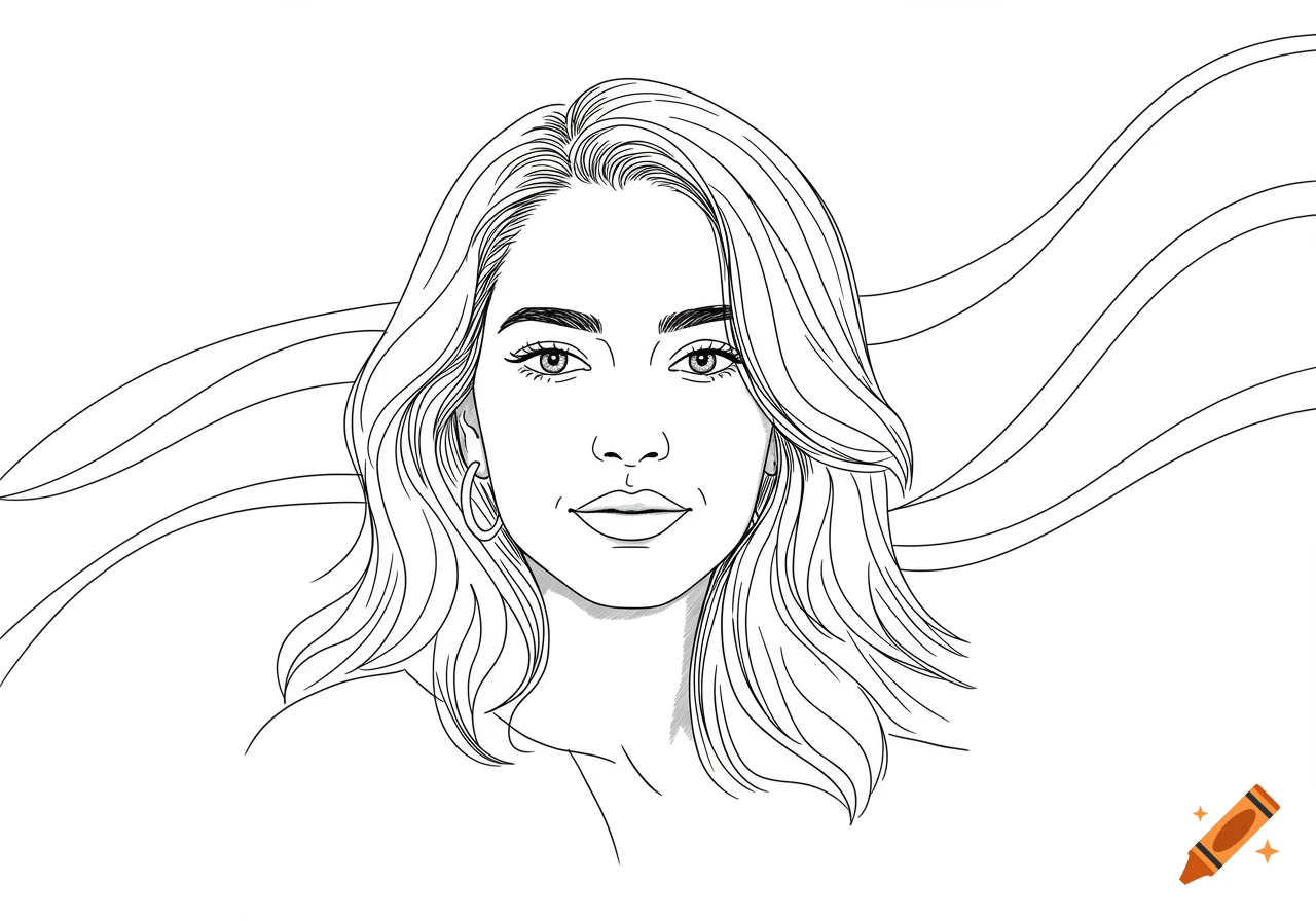 Line drawing of a woman's face with wavy hair.