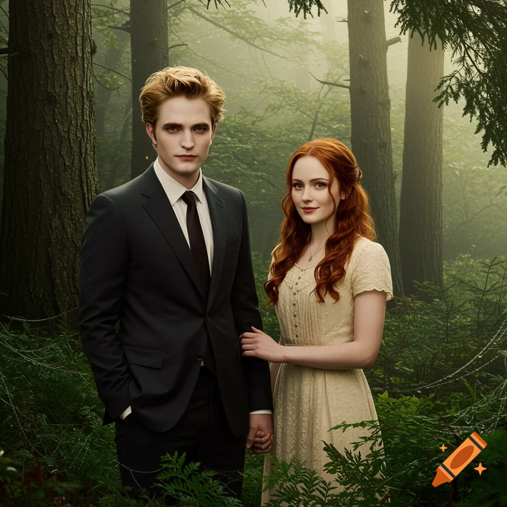 A blond man in a suit and a red-haired woman in a light dress hold hands in a misty forest.