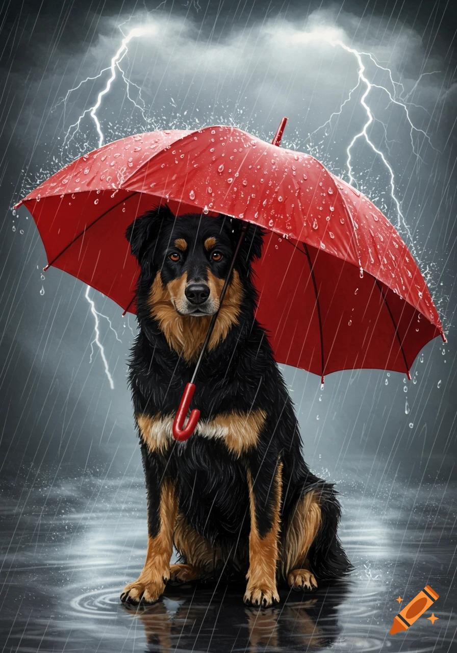 An illustration of a black and tan English shepherd dog sitting under a red umbrella during a thunderstorm with lightning.