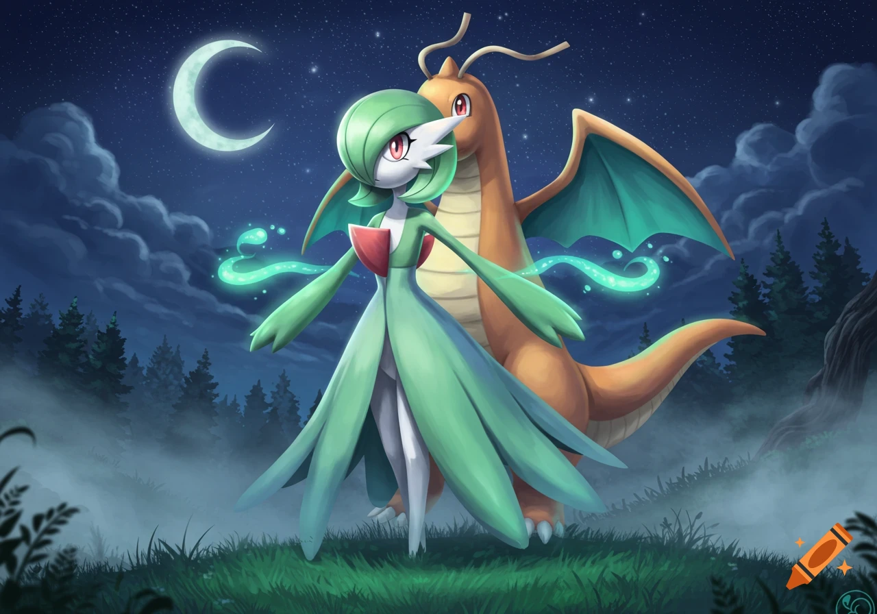 A digital illustration of Gardevoir and Dragonite standing together in a mystical, misty moonlit forest at night, with glowing magical effects.