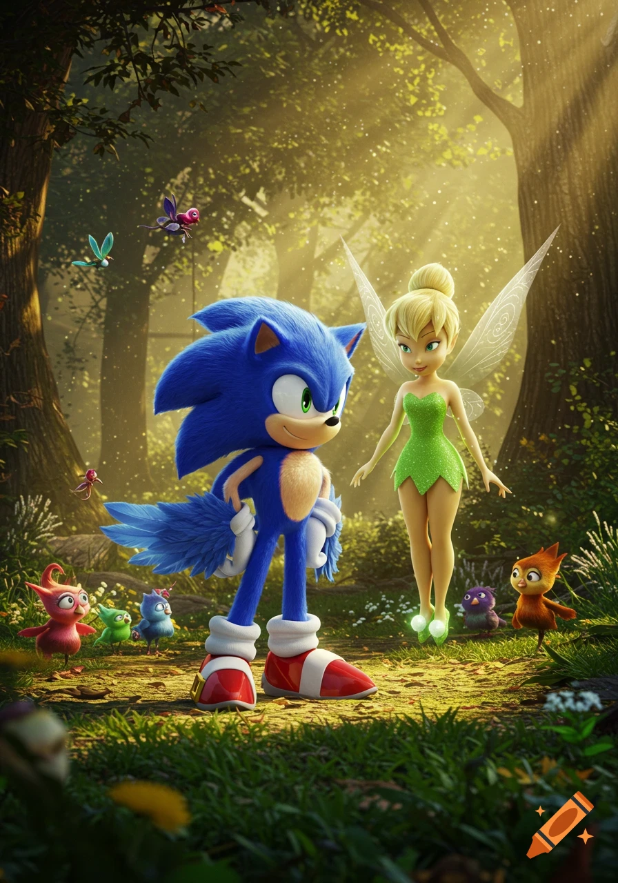 Sonic the Hedgehog and Tinkerbell stand together in a magical, sunlit forest with small fantasy creatures.