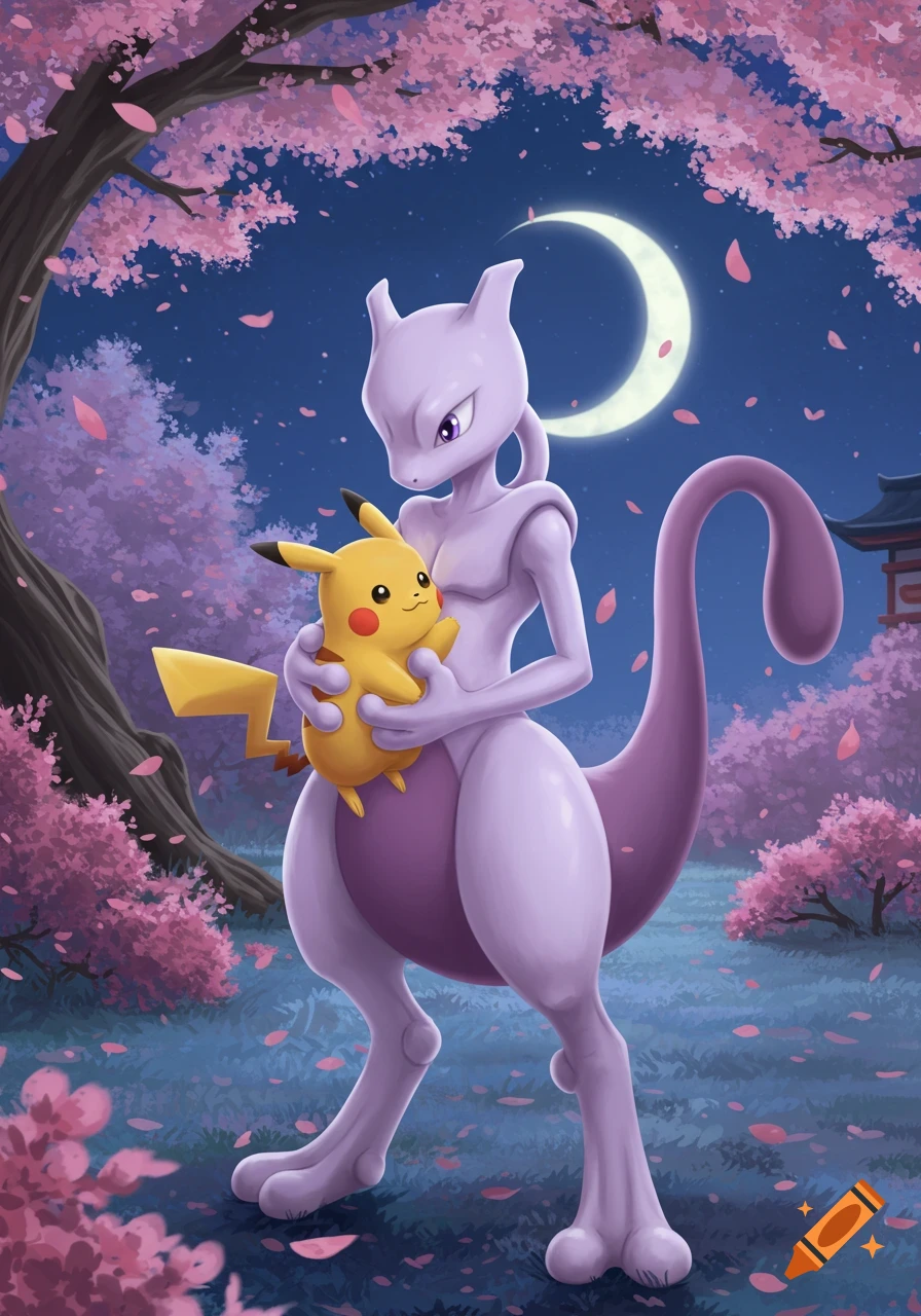 Mewtwo cradles Pikachu warmly under a crescent moon and cherry blossoms at night in a soft, illustrative style.