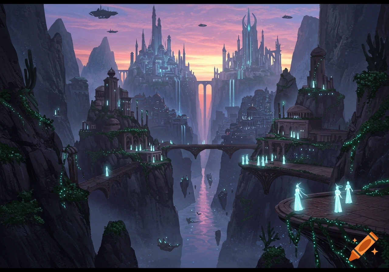 A majestic futuristic fantasy city built into and on top of towering cliffs, with glowing buildings, bridges, a river, and ethereal figures at sunset.