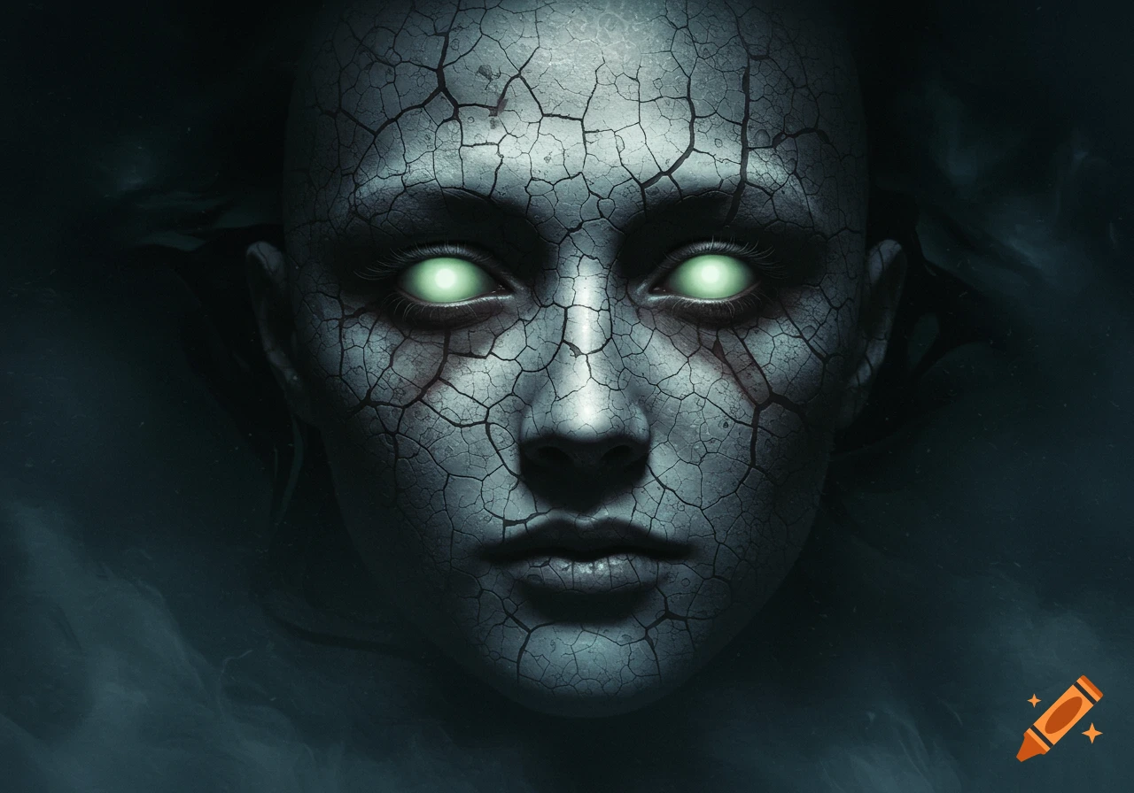 A close-up of a creepy face with cracked, pale skin and glowing bright green eyes against a dark, shadowy background.