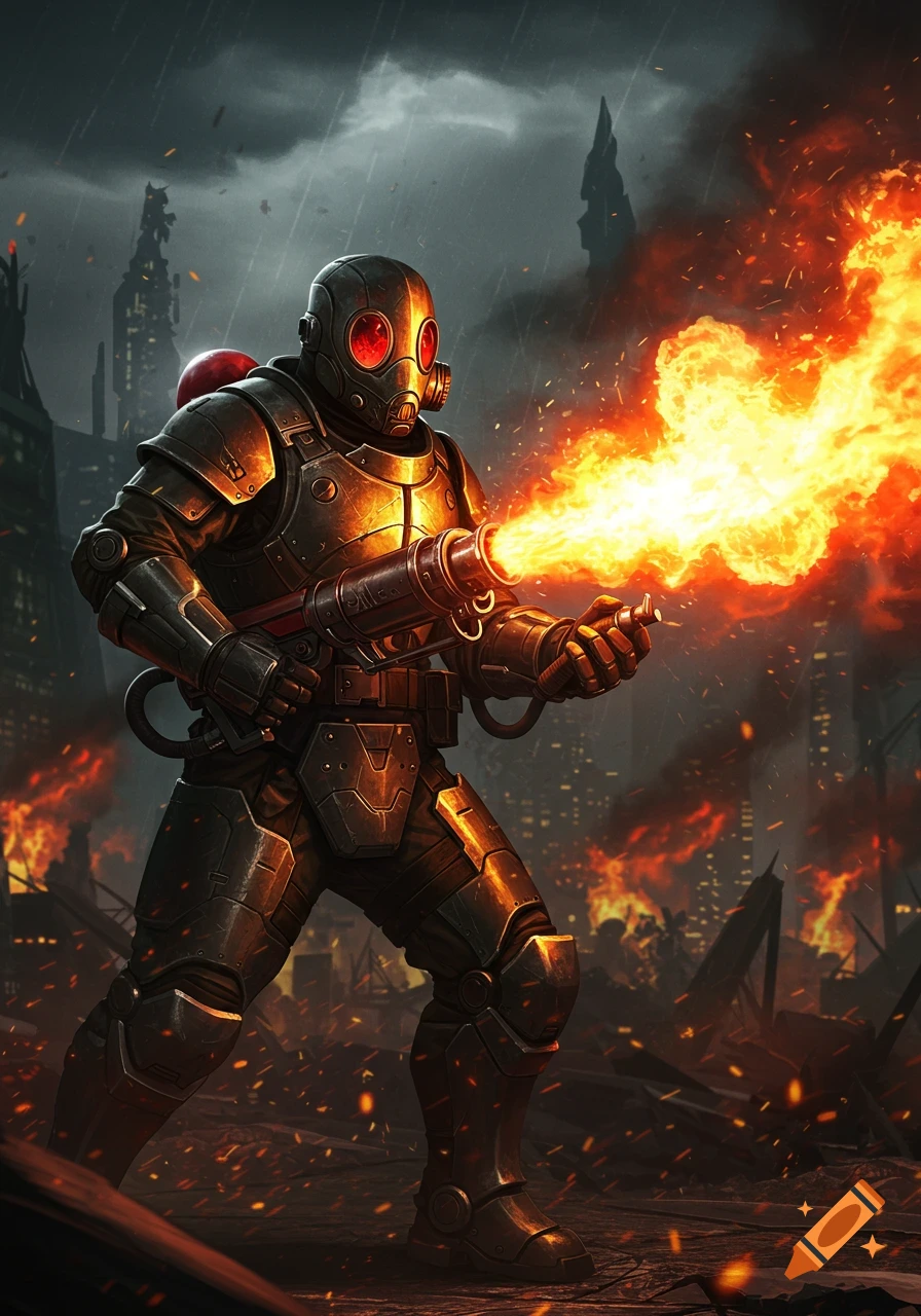 Armored figure with gas mask and red goggles, wielding a flamethrower in a burning, ruined city under a stormy sky.