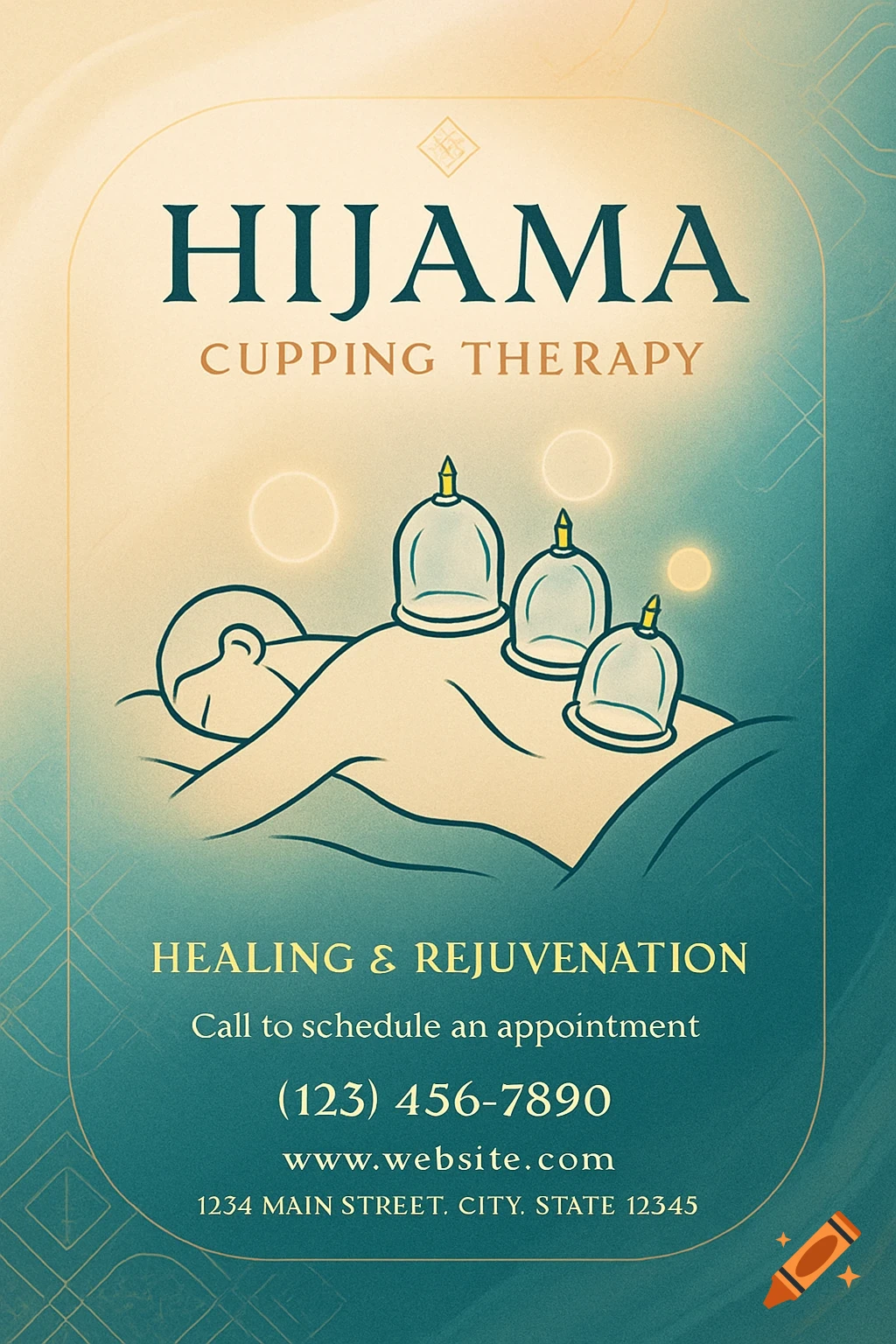 A modern flyer for a cupping therapy business, featuring an illustration of a person's back with cupping glasses, on a teal and cream background.