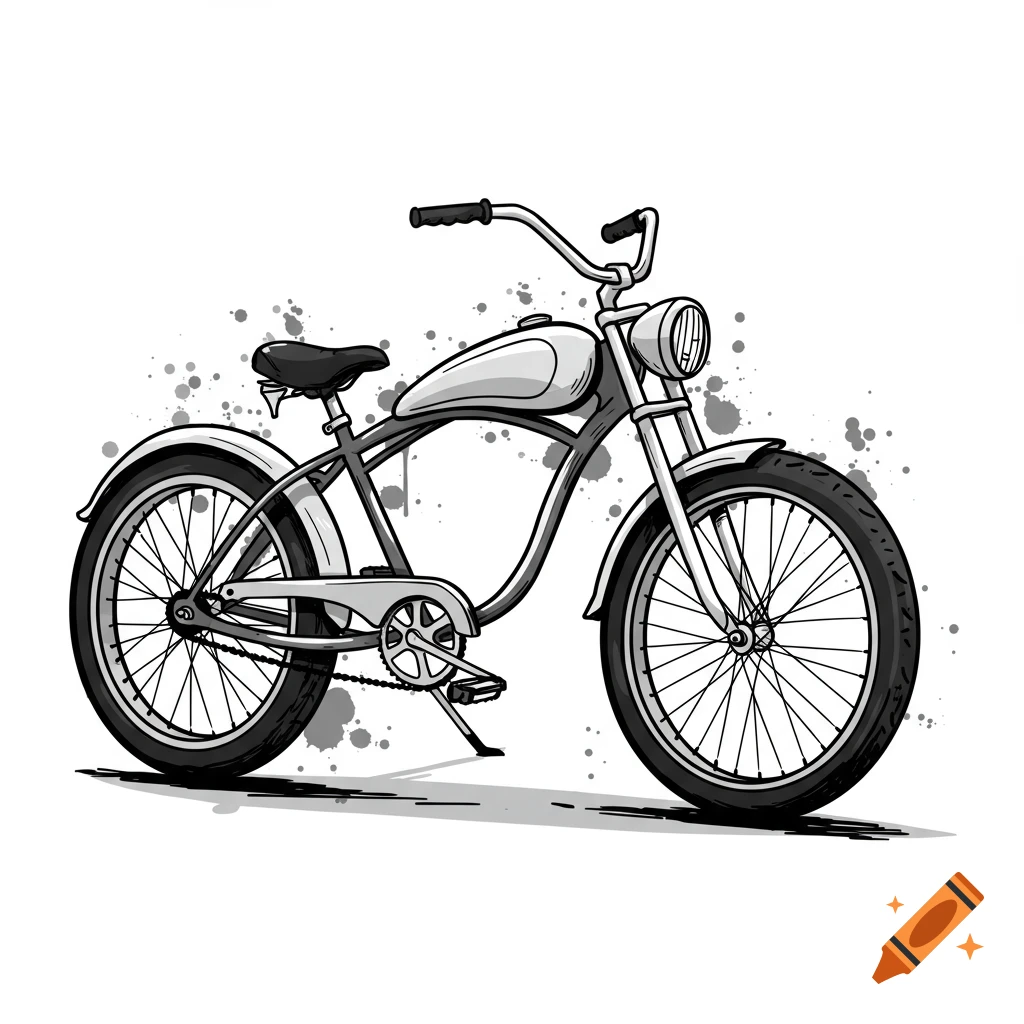 A black and white hand-drawn illustration of a cruiser bike with a large headlight and splattered background.