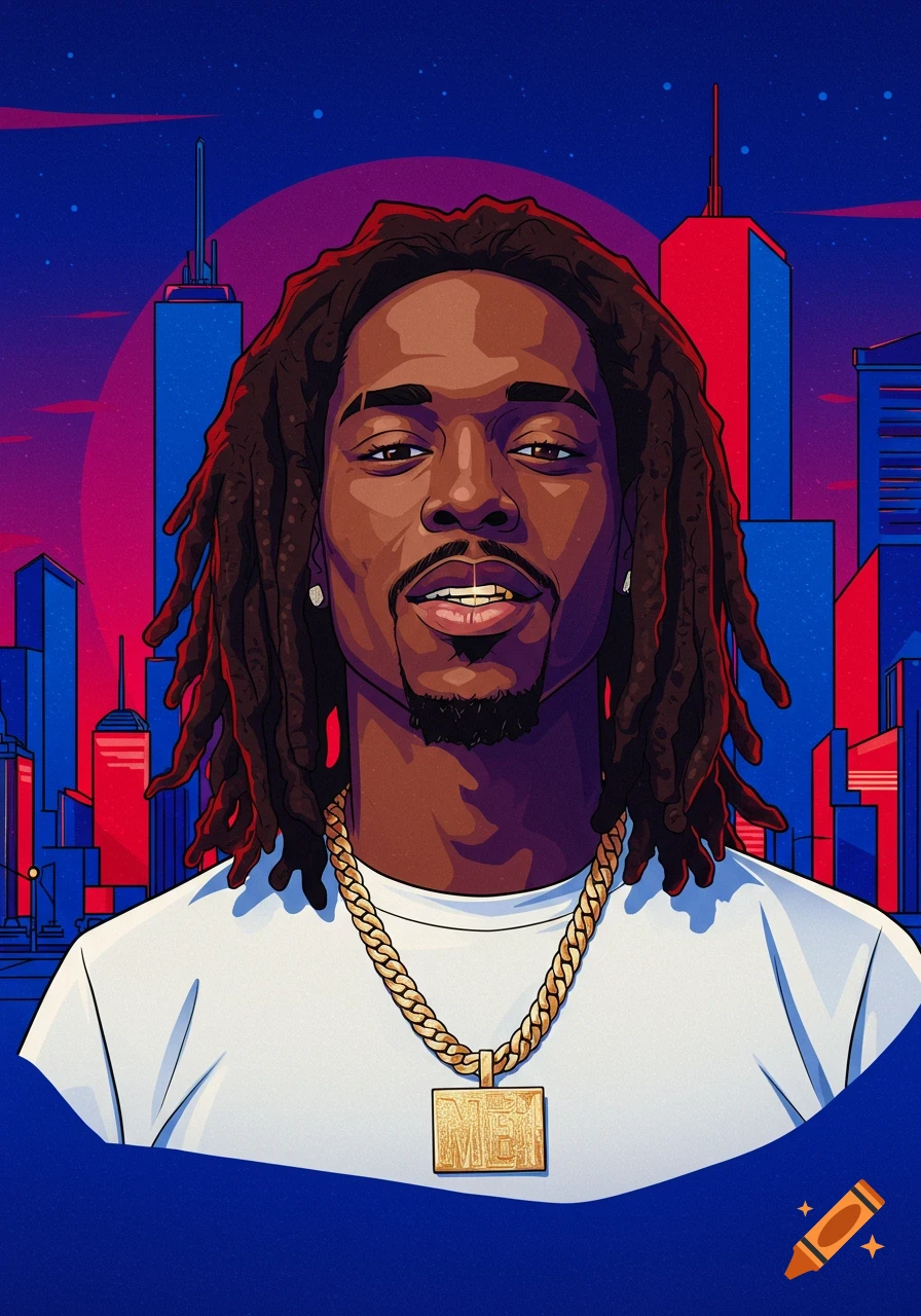 A cartoon portrait of a Black man with dreadlocks, a gold chain, a gold tooth, and an urban city background.