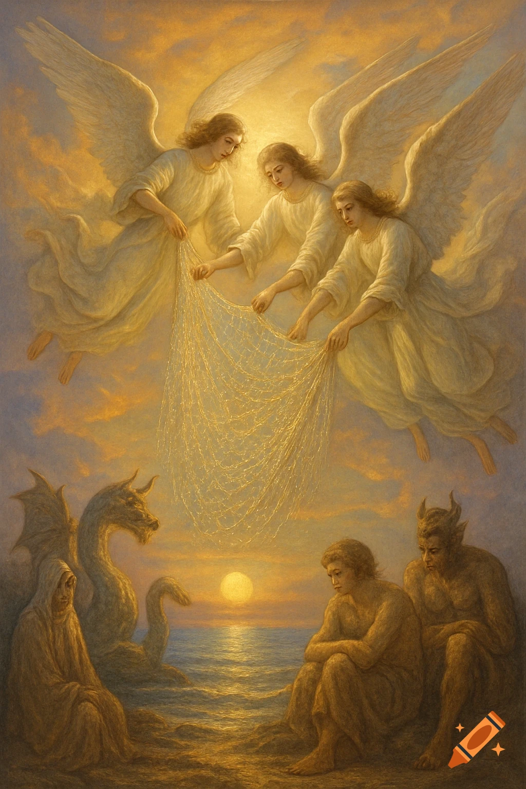 A classical painting shows three angels holding a shimmering golden net above a beach with a dragon, a hooded figure, and two men, one horned, at sunset.