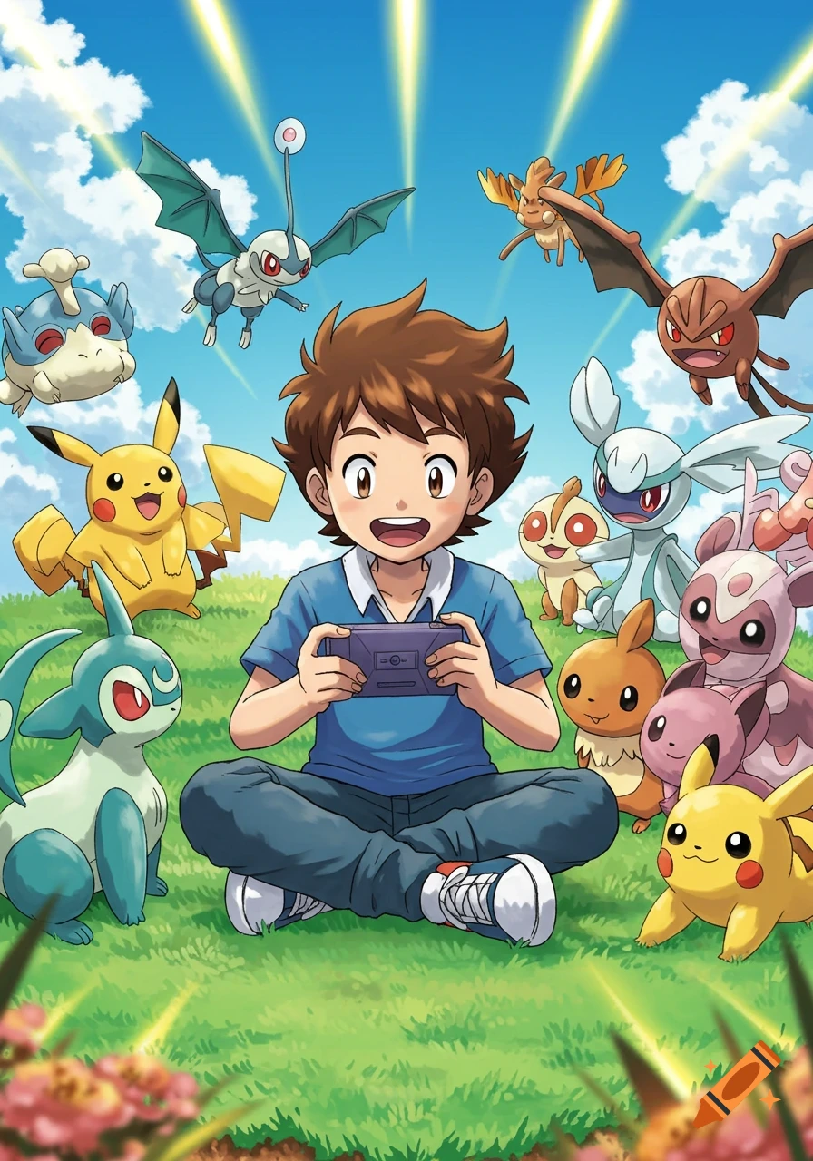A happy boy sits on green grass, playing a handheld game console, surrounded by various colorful cartoon creatures including Pikachu.