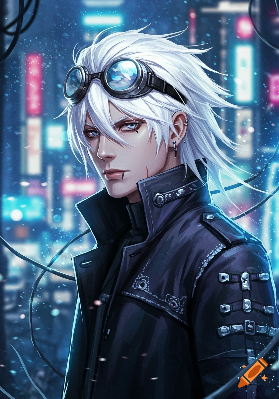 Anime man with white hair, goggles, and a lip piercing in a dark coat, against a neon city background.