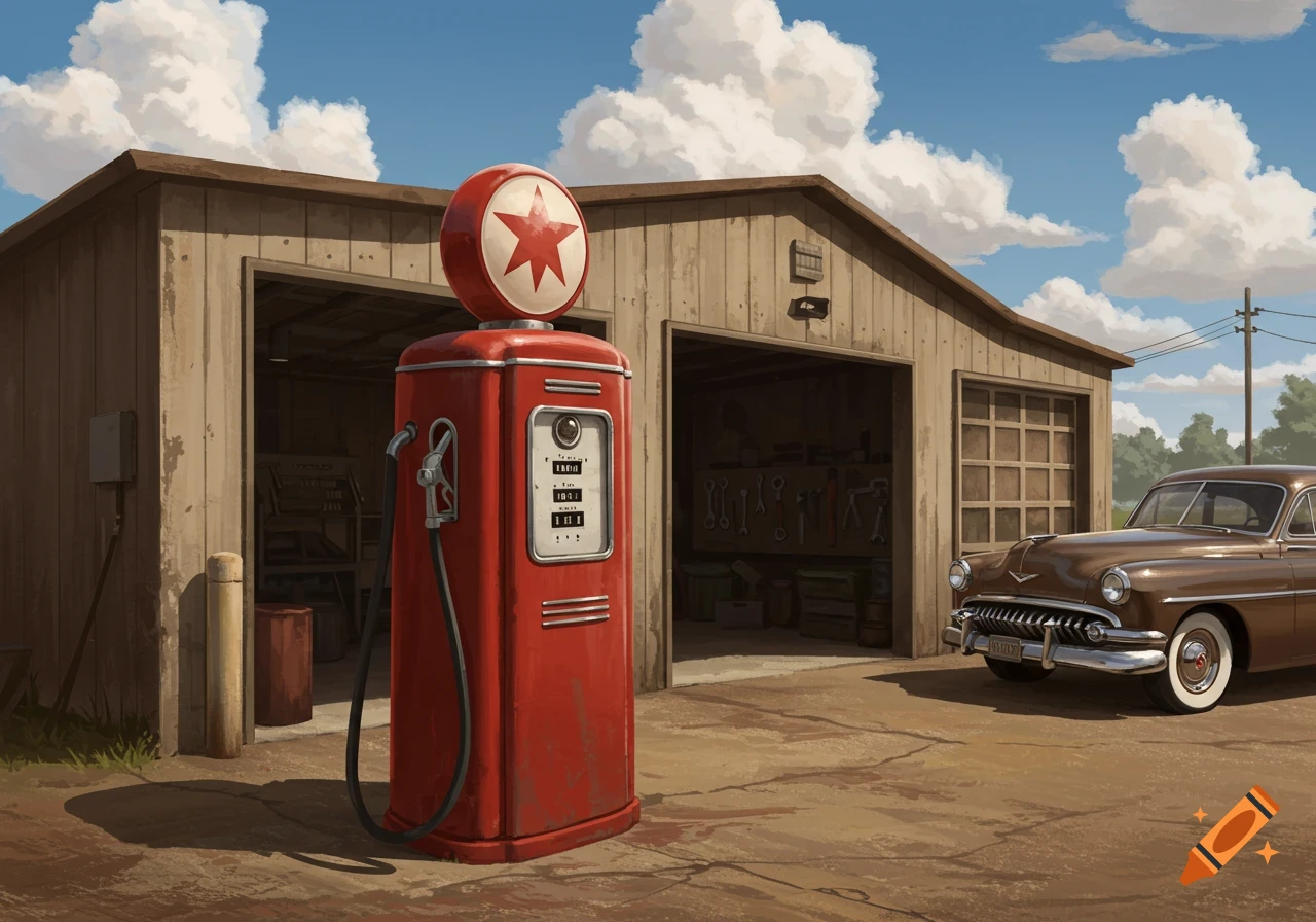 A red, vintage 1950s style fuel pump stands in front of an open garage with an old brown car parked to the right under a blue sky with white clouds.