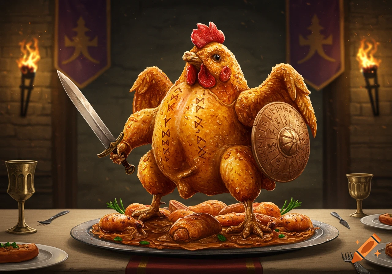 A roasted chicken warrior, holding a sword and shield, stands on a platter of food in a torchlit medieval hall.